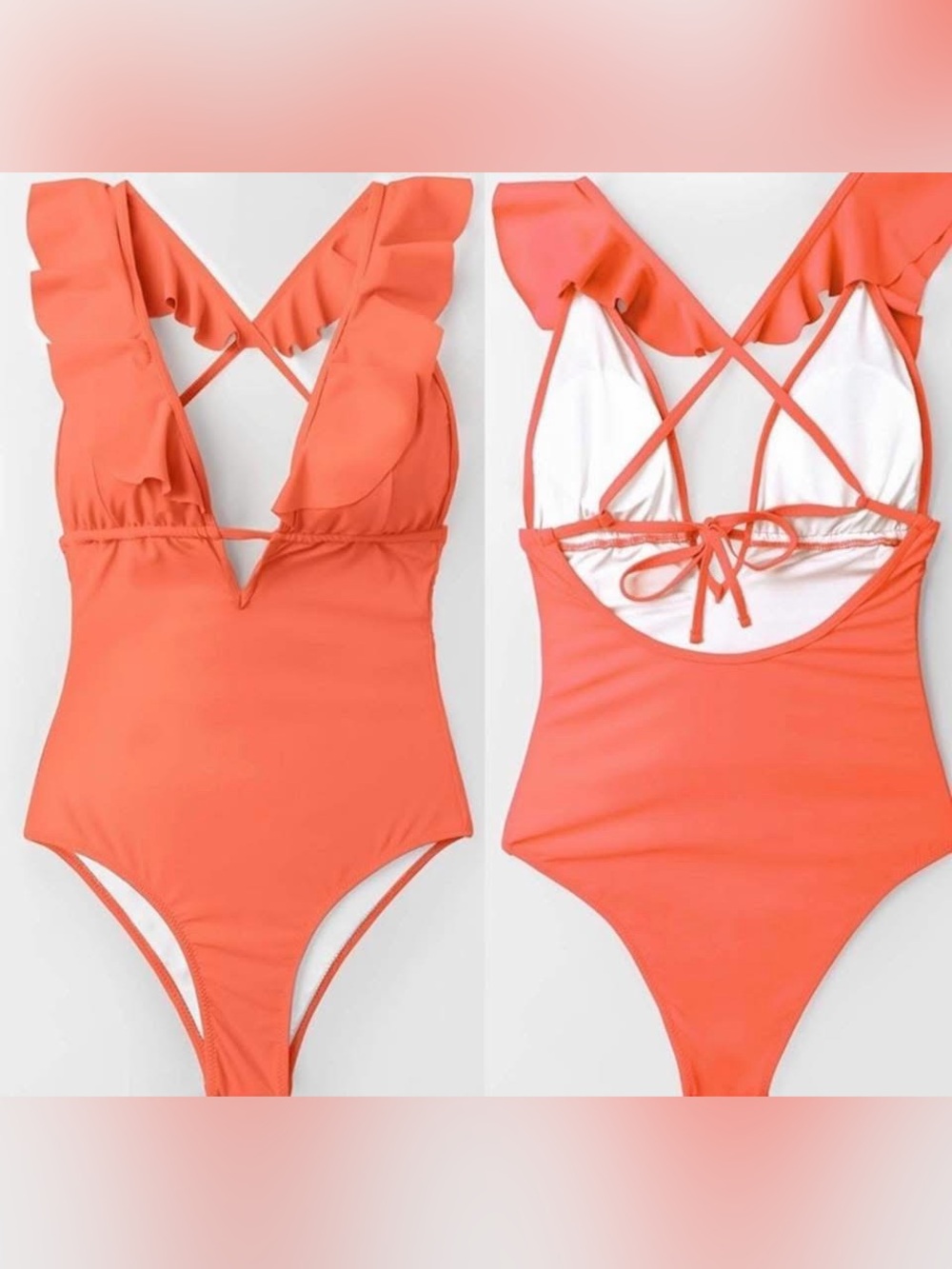 Cupshe Neon Orange Ruffle Strap Criss Cross Back One Piece Swimsuit XXL